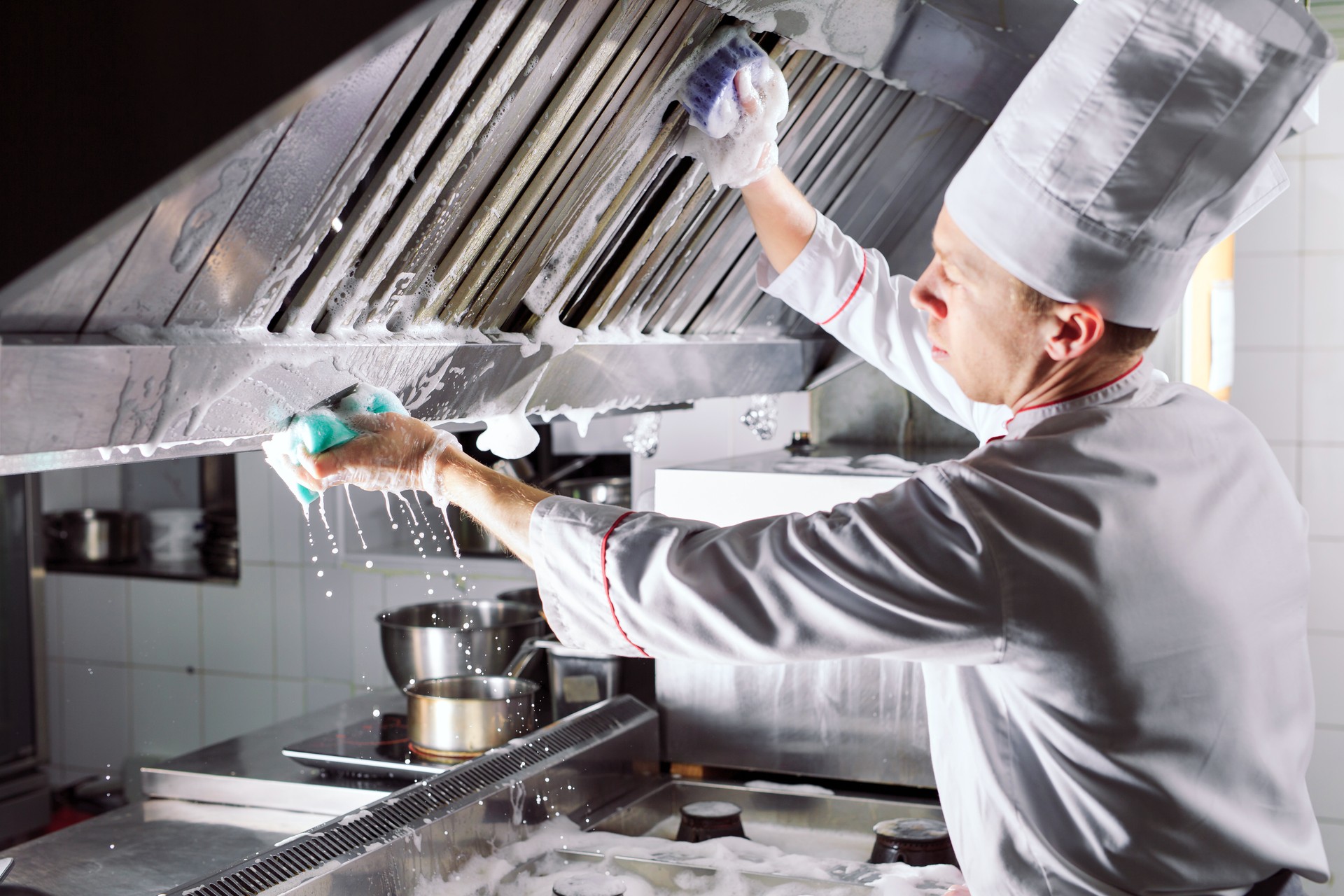 Sanitary day in the restaurant. Repeats wash your workplace. Cooks wash oven, stove and extractor in the Restaurant.